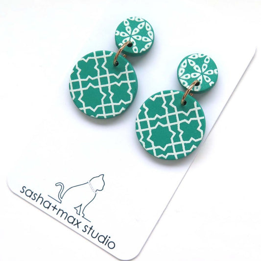 Fresh Green + white drop Earrings - cross mid disc