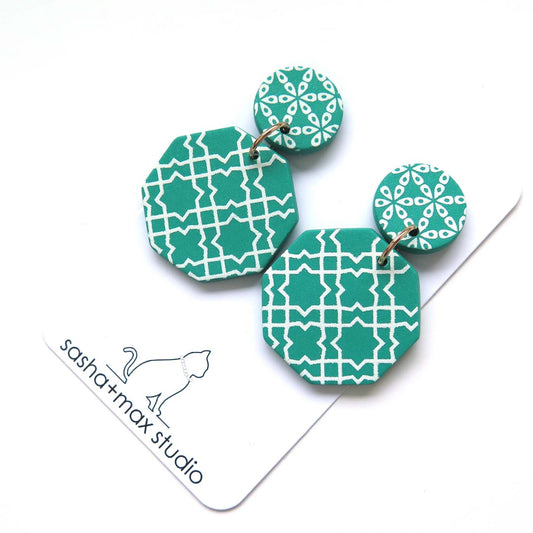 Fresh Green + white Drop Statement Earrings -  octagon