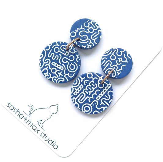 Memphis Blues Earrings - round disc part pattern Polymer Clay