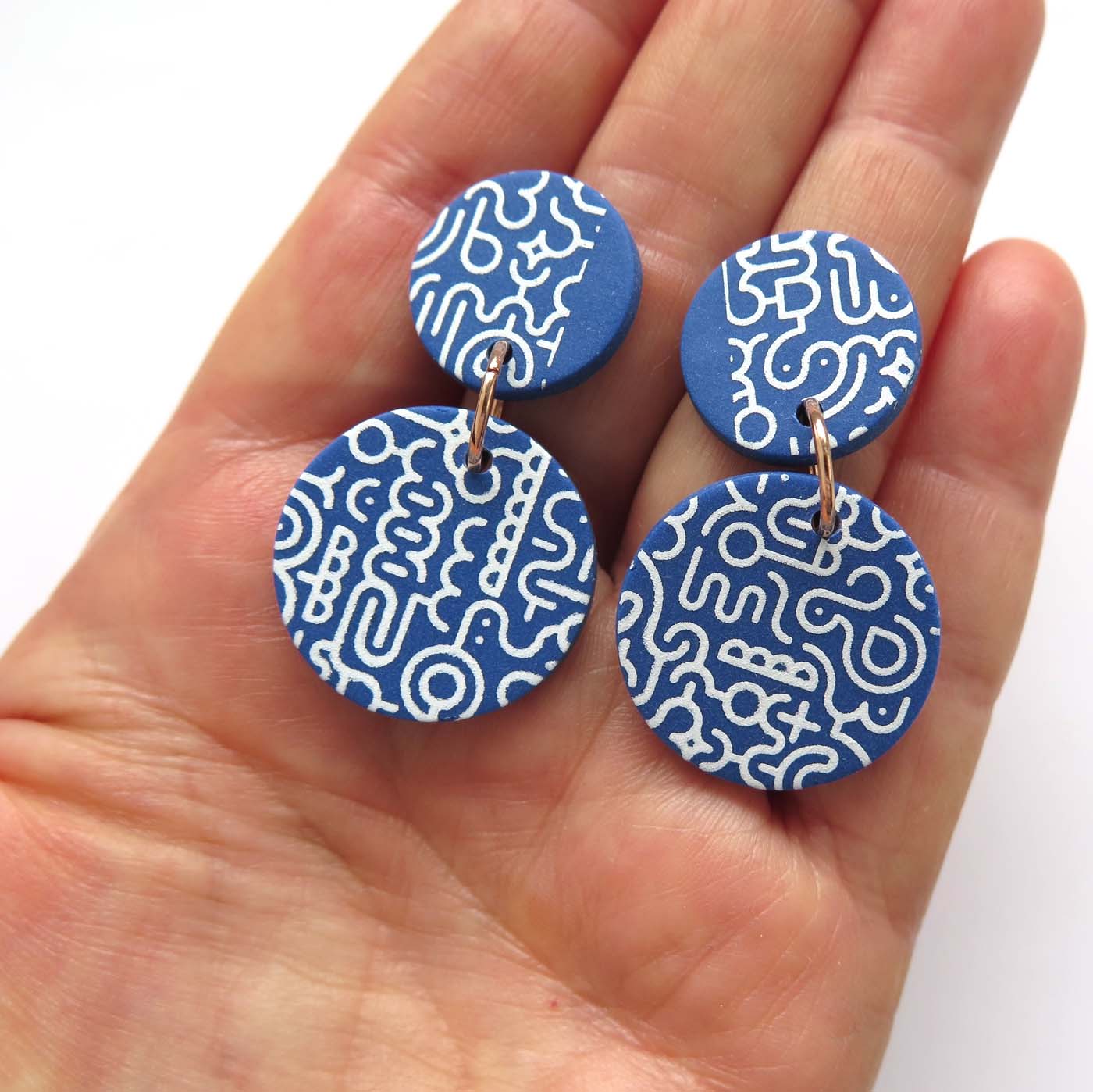 Memphis Blues Earrings - round disc part pattern Polymer Clay