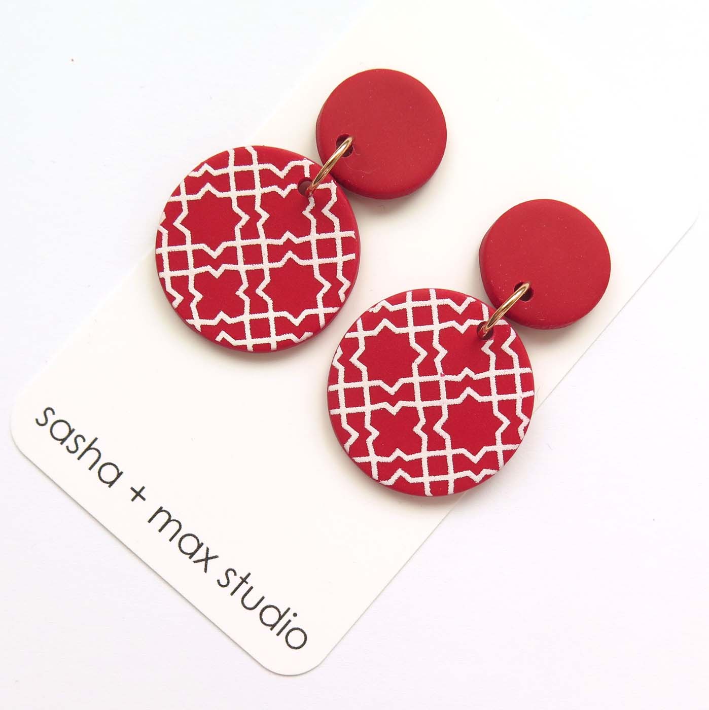 Morocco red and white disc statement drop earrings