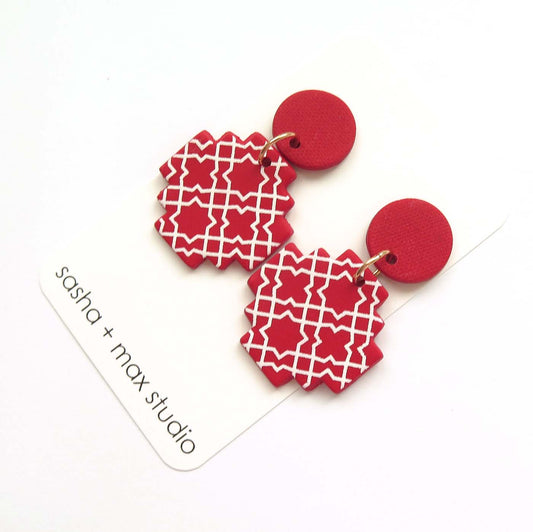 Moroccan Cross red and white statement drop earrings