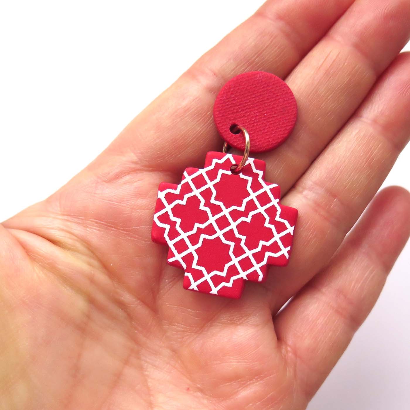 Moroccan Cross red and white statement drop earrings