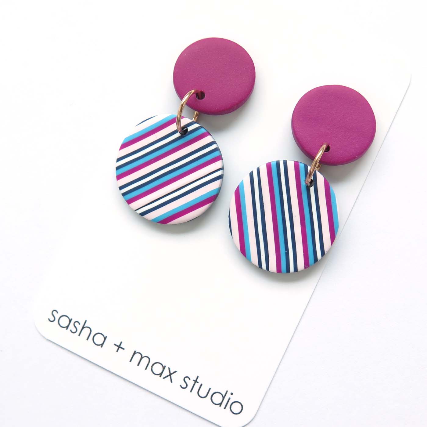 Pink Ticking Stripe Round polymer clay earrings