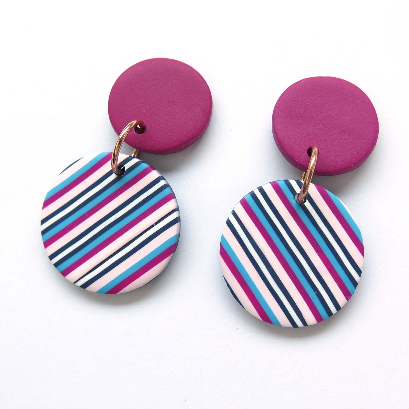 Pink Ticking Stripe Round polymer clay earrings