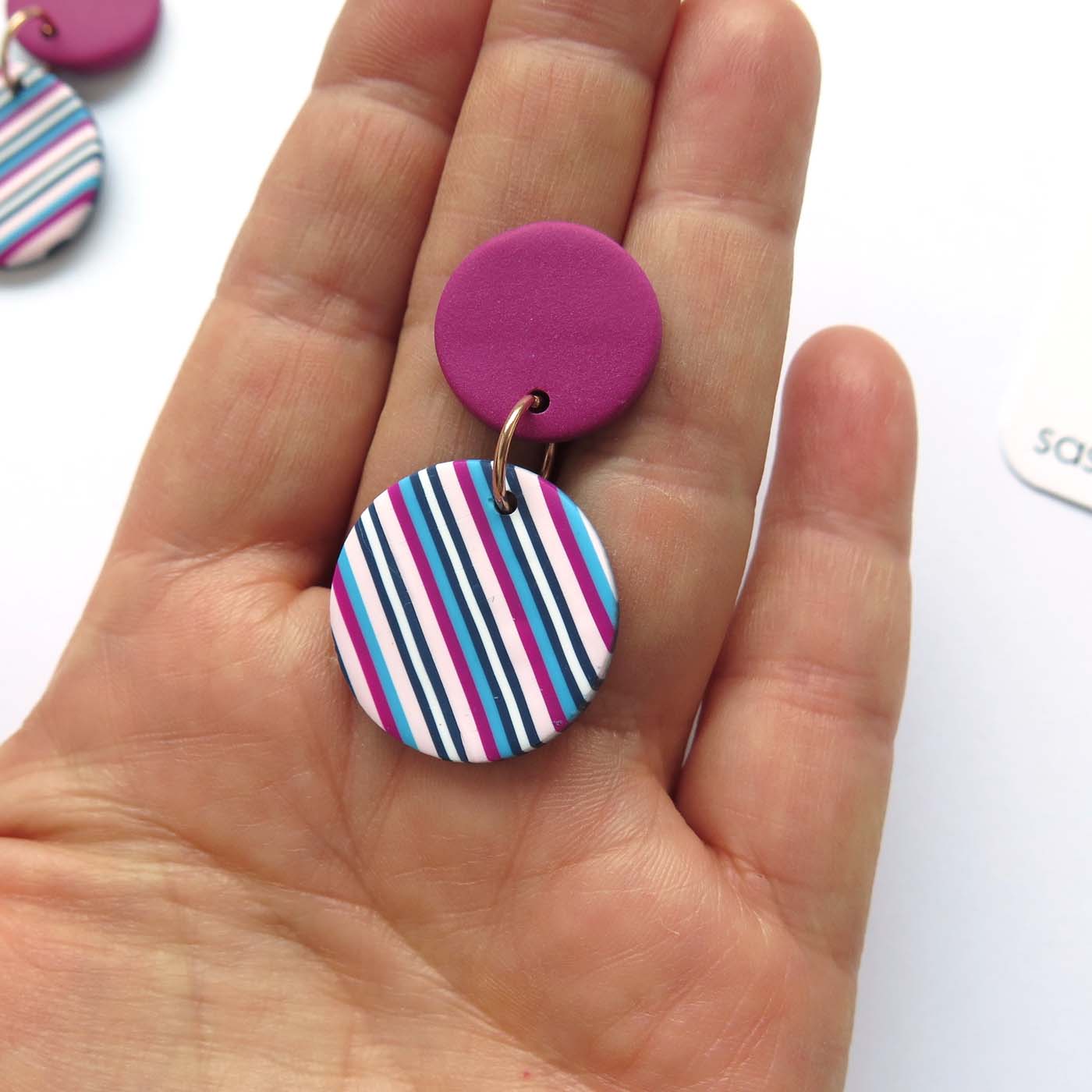 Pink Ticking Stripe Round polymer clay earrings