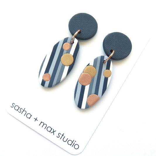 Grey Stripe with metallic dots large statement Polymer Clay earrings