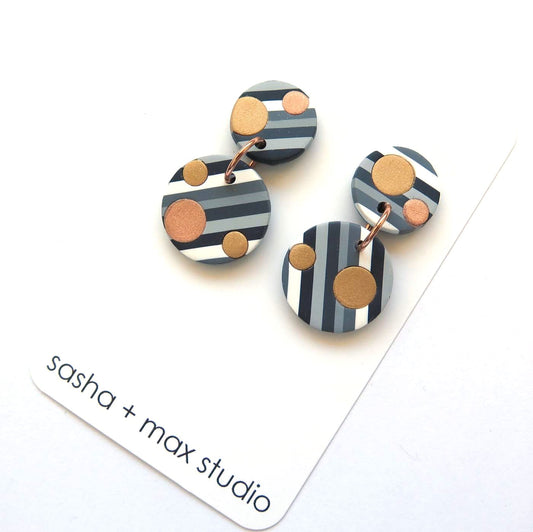 Grey Stripe with metallic dots round statement earrings all stripe