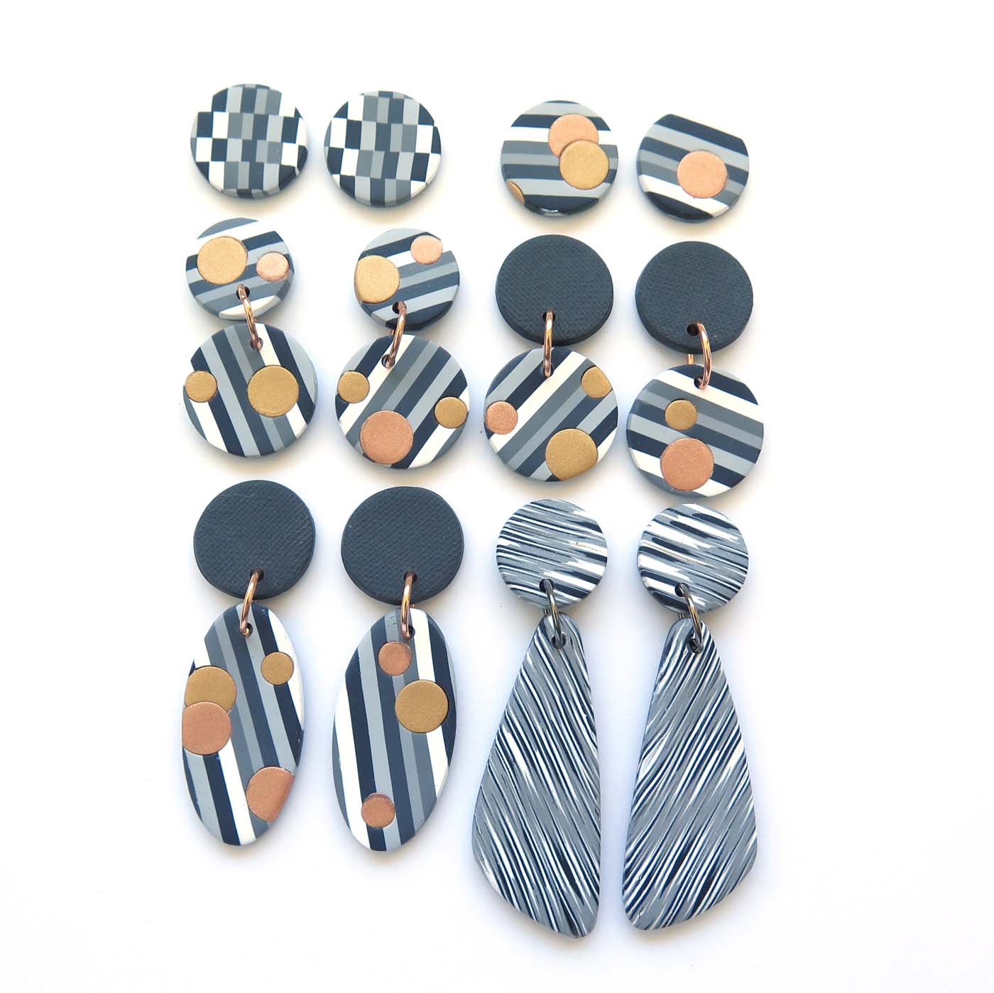 Grey Stripe with metallic dots round statement earrings all stripe