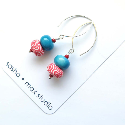 Swirl blue glass beaded sterling silver drop earrings