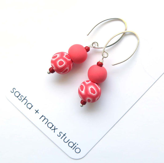 Swirl and coral beaded sterling silver hook drop earrings