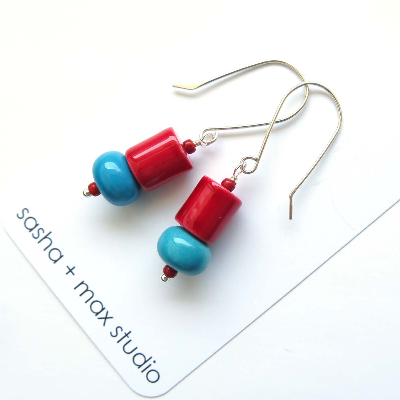 Red and blue glass beaded drop earrings
