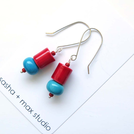 Red and blue glass beaded drop earrings