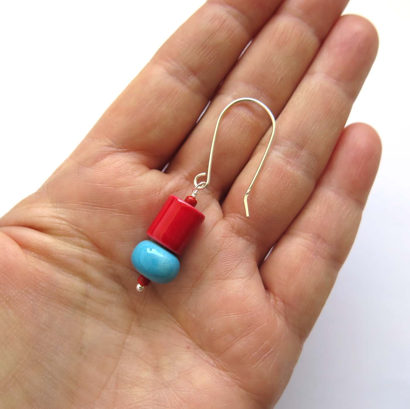Red and blue glass beaded drop earrings