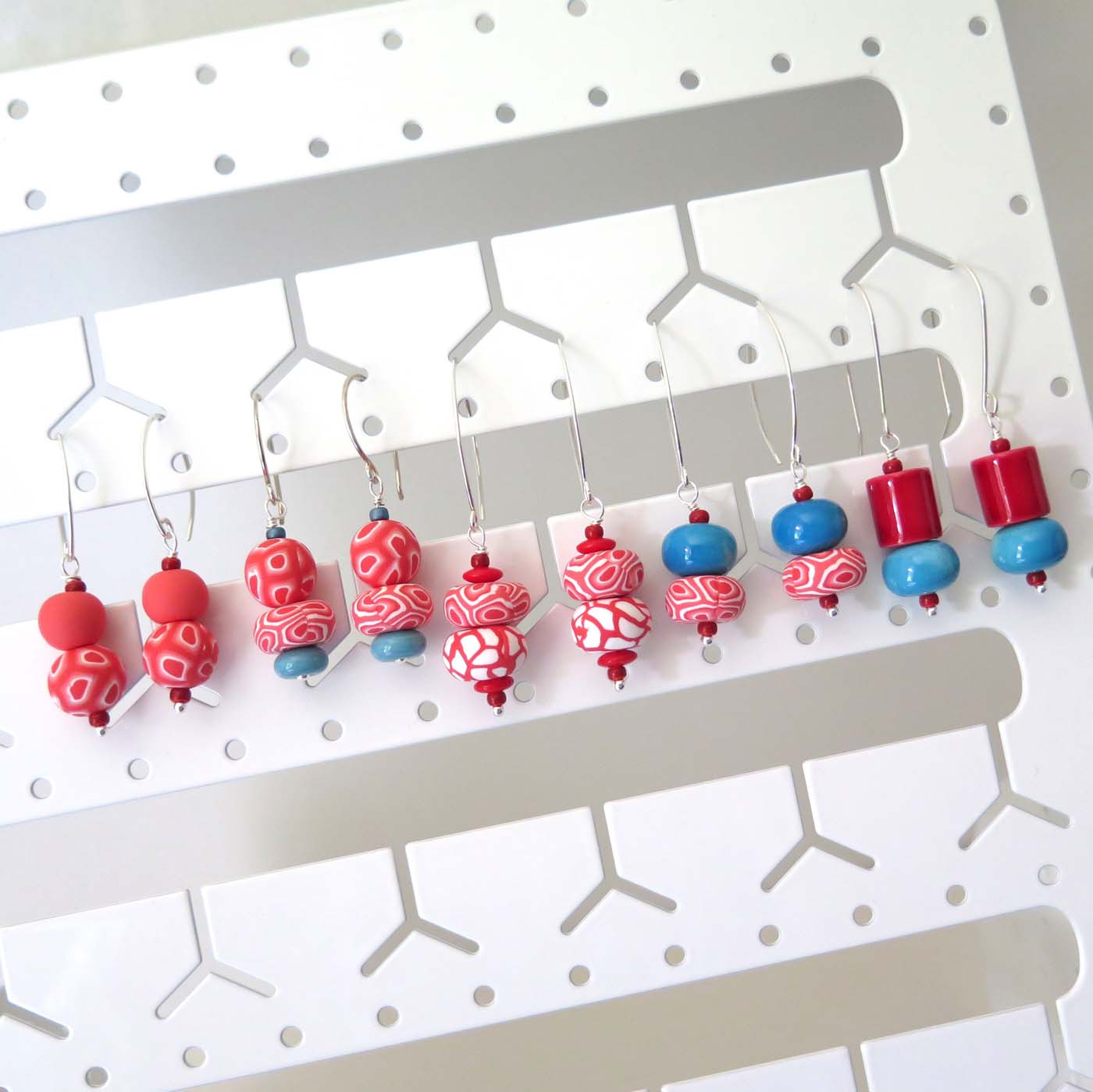 Red and blue glass beaded drop earrings