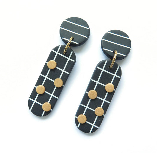 Noughts Black and White drop Statement Earrings 4 dots and stripe