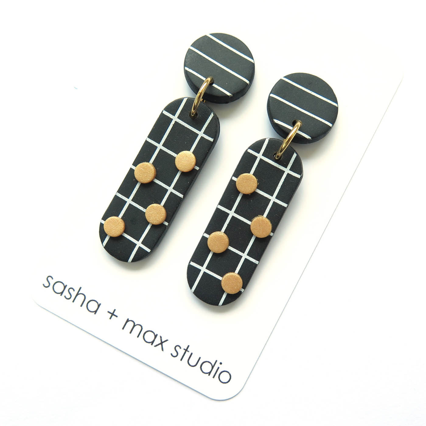 Noughts Black and White drop Statement Earrings 4 dots and stripe