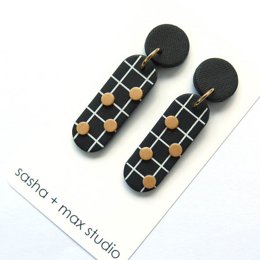 Noughts Black and White drop Statement Earrings 4 dots and black top Polymer Clay