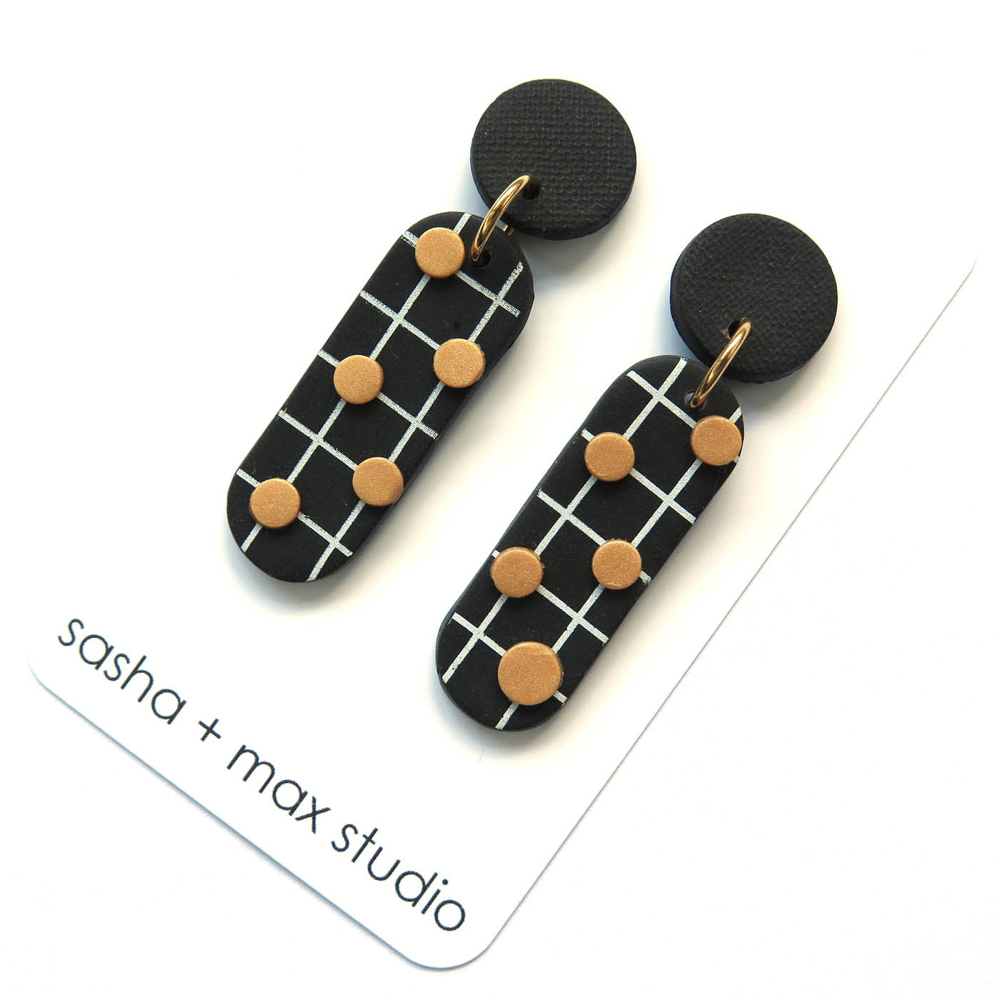 Noughts Black and White drop Statement Earrings 5 dots and black top Polymer Clay