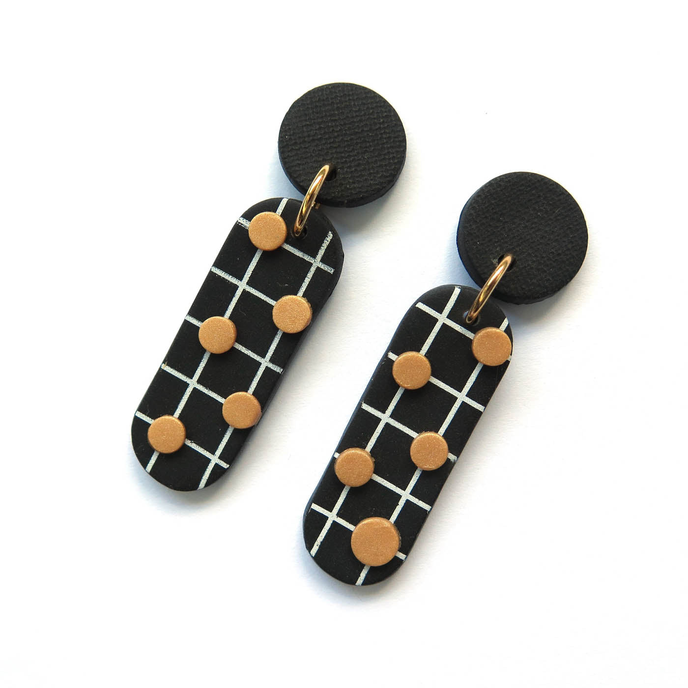 Noughts Black and White drop Statement Earrings 5 dots and black top Polymer Clay