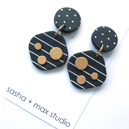 Noughts Black and White Square drop Statement Polymer Clay Earrings