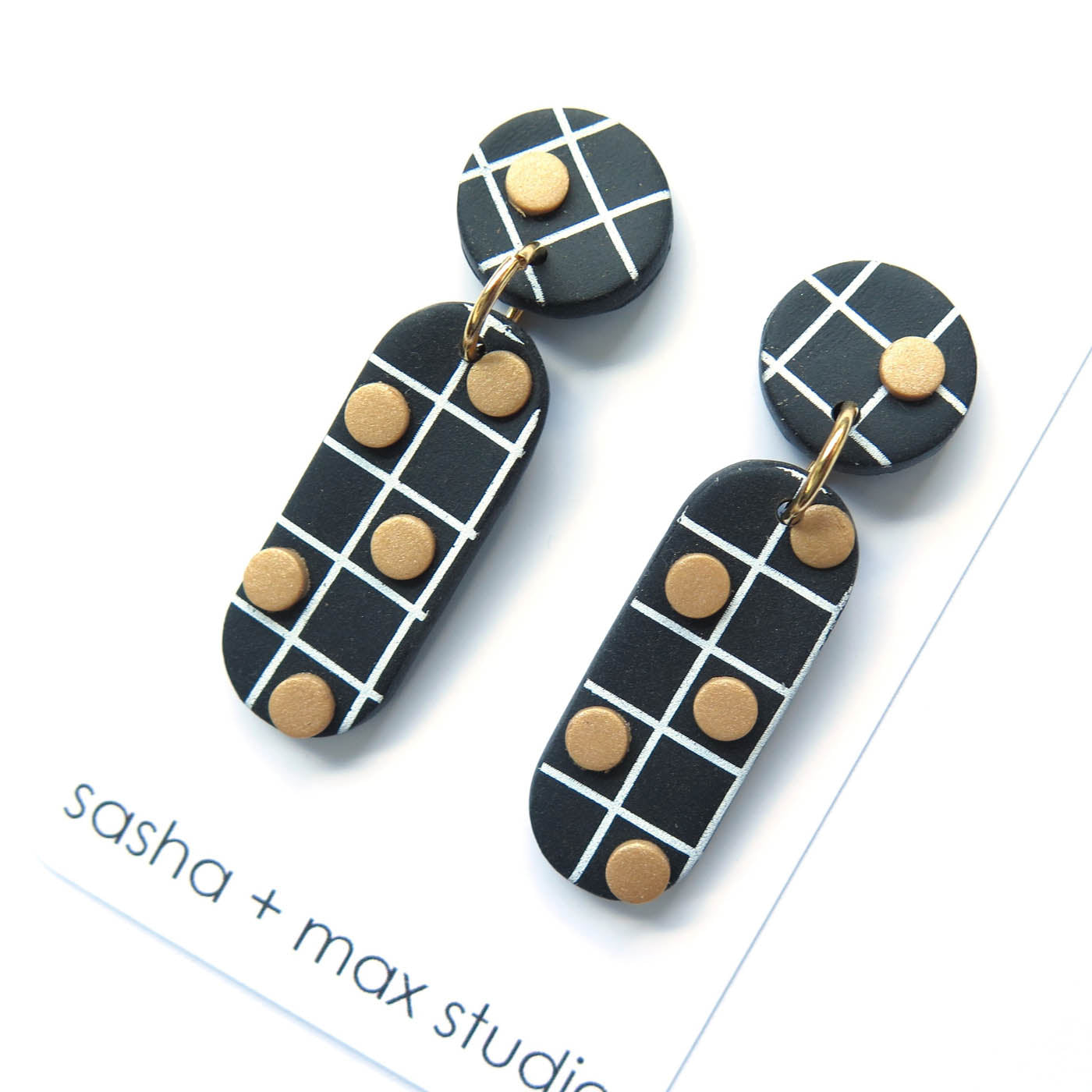Noughts Black and White drop Statement Earrings 4 dots and top grid Polymer Clay