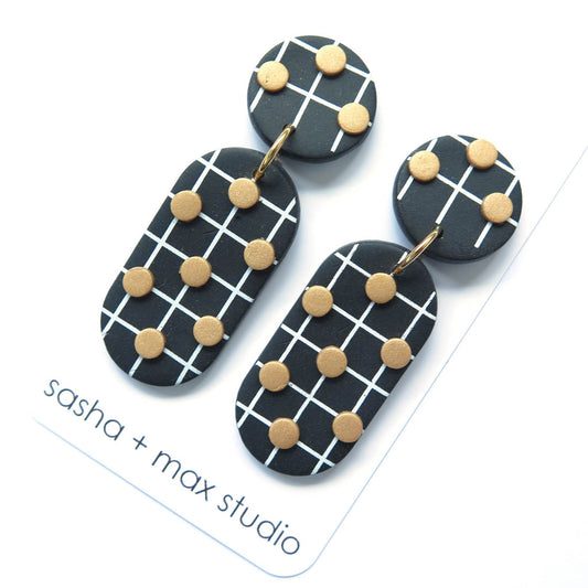 Noughts Black and White drop Statement Earrings Large 6 dots Polymer Clay