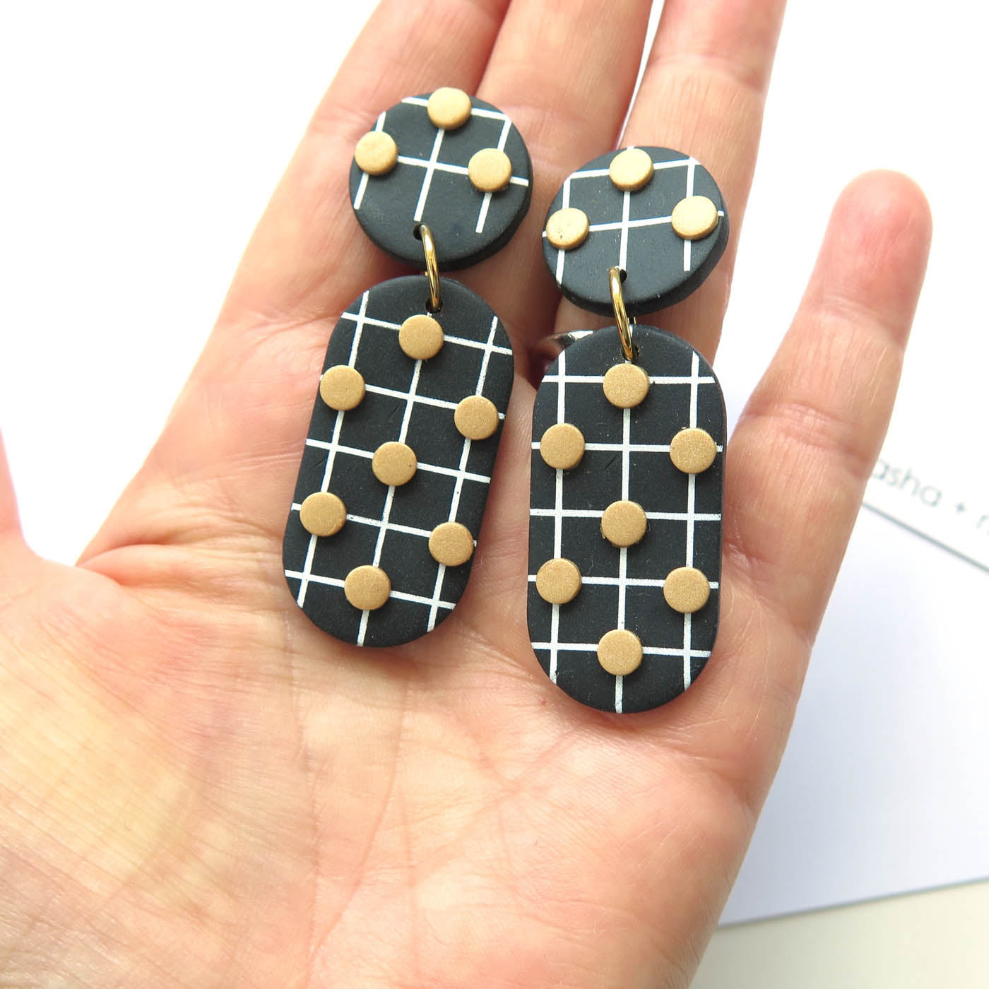 Noughts Black and White drop Statement Earrings Large 6 dots Polymer Clay