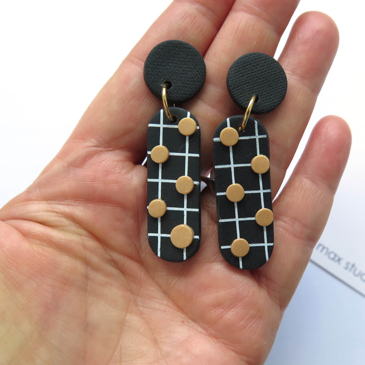 Noughts Black and White drop Statement Earrings 5 dots and black top Polymer Clay