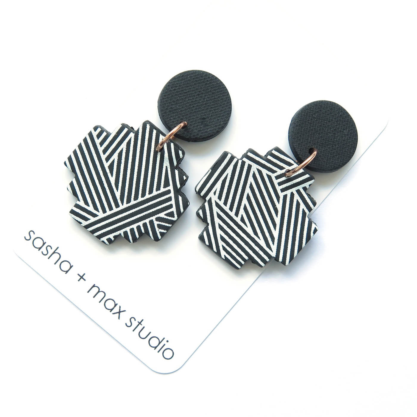 B+W Diagonal Stripe Cross statement Polymer Clay earrings