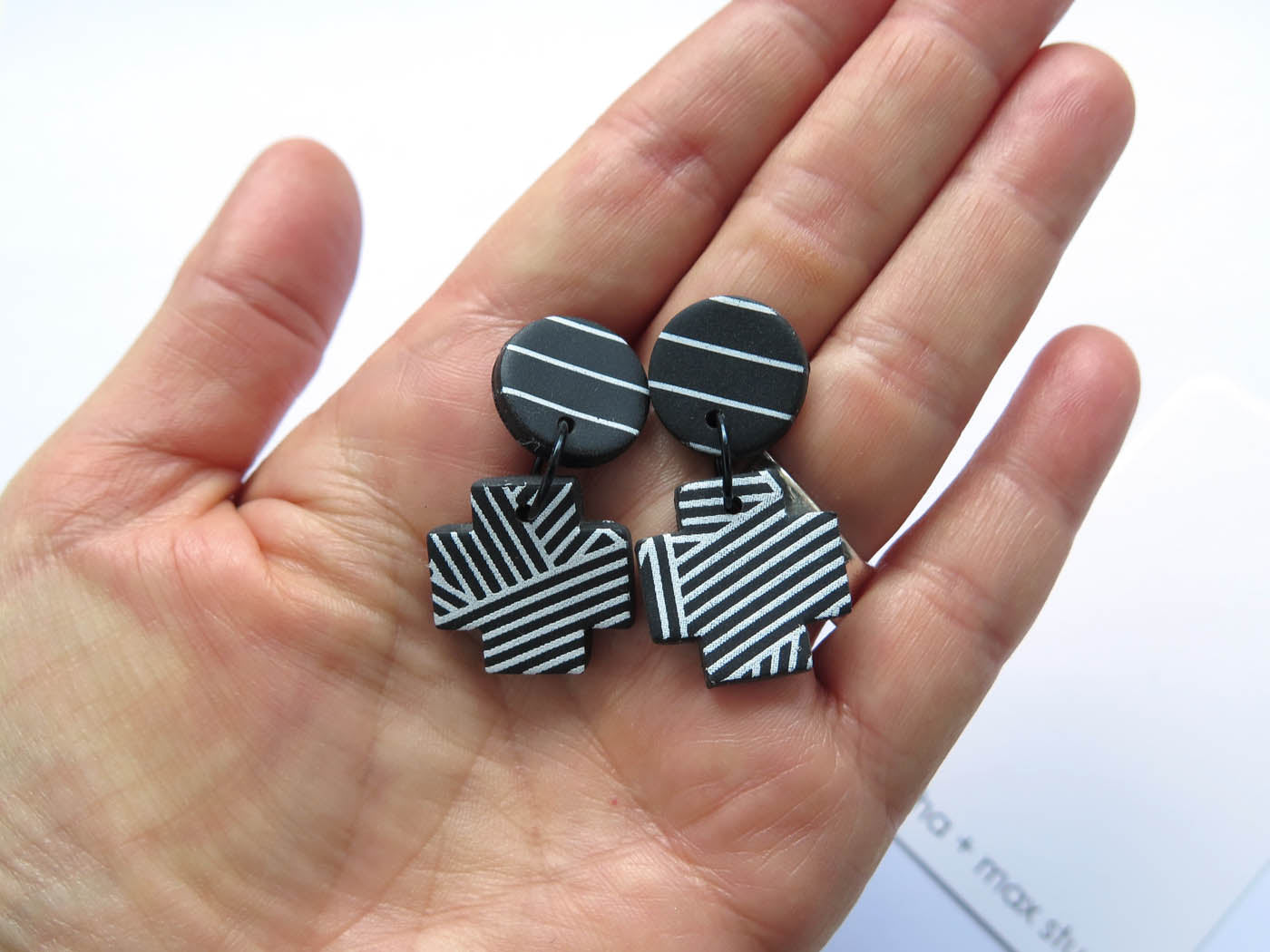 B+W Diagonal Stripe Mini Cross polymer clay earrings