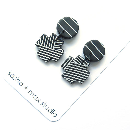 B+W Diagonal Stripe Mini Cross polymer clay earrings