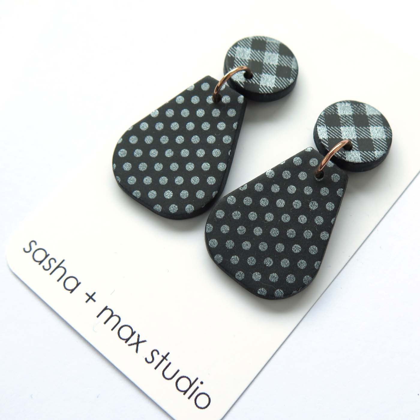 Metallics Statement Earrings - silver gingham dot pear