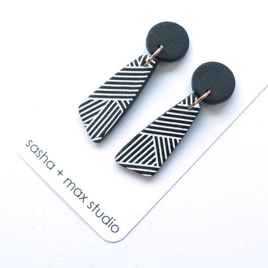 B+W Diagonal Stripe Statement Earrings - Drop mini wedge