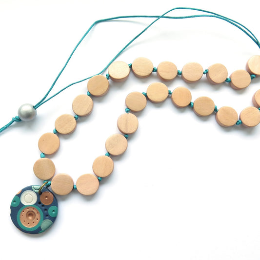 Metallic Dots Pendant Polymer Clay and Wood Necklace