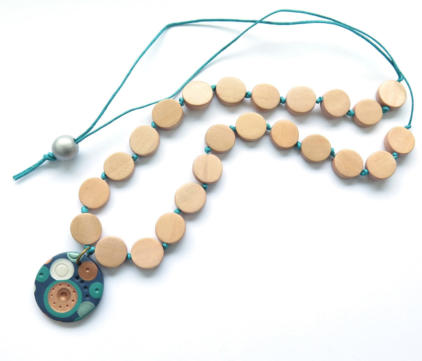 Metallic Dots Pendant Polymer Clay and Wood Necklace