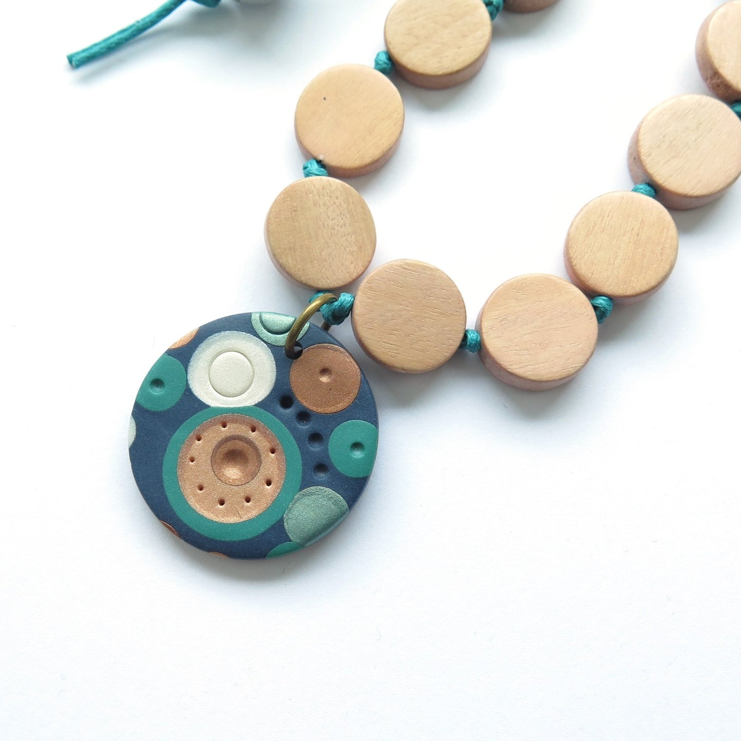 Metallic Dots Pendant Polymer Clay and Wood Necklace