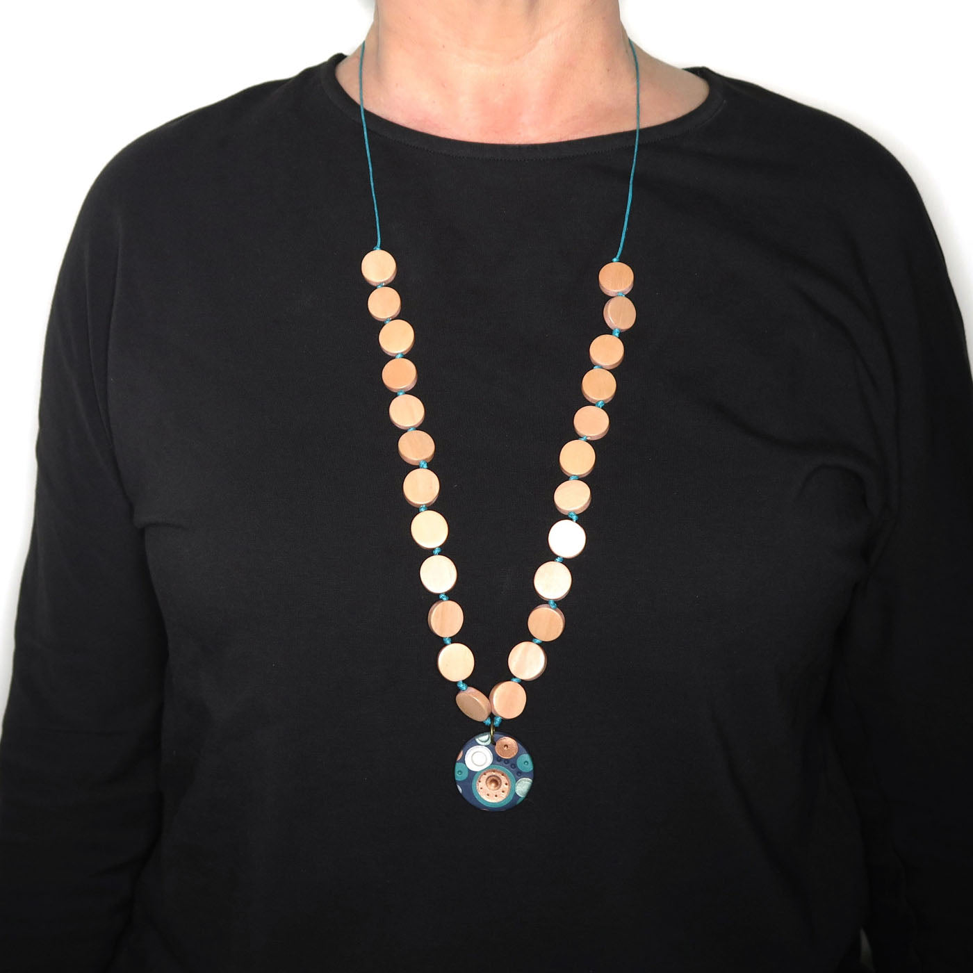 Metallic Dots Pendant Polymer Clay and Wood Necklace