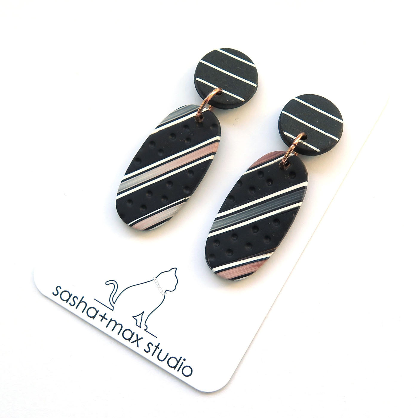 Bronze black and white stripe statement oval earrings