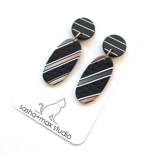 Bronze black and white stripe statement oval earrings