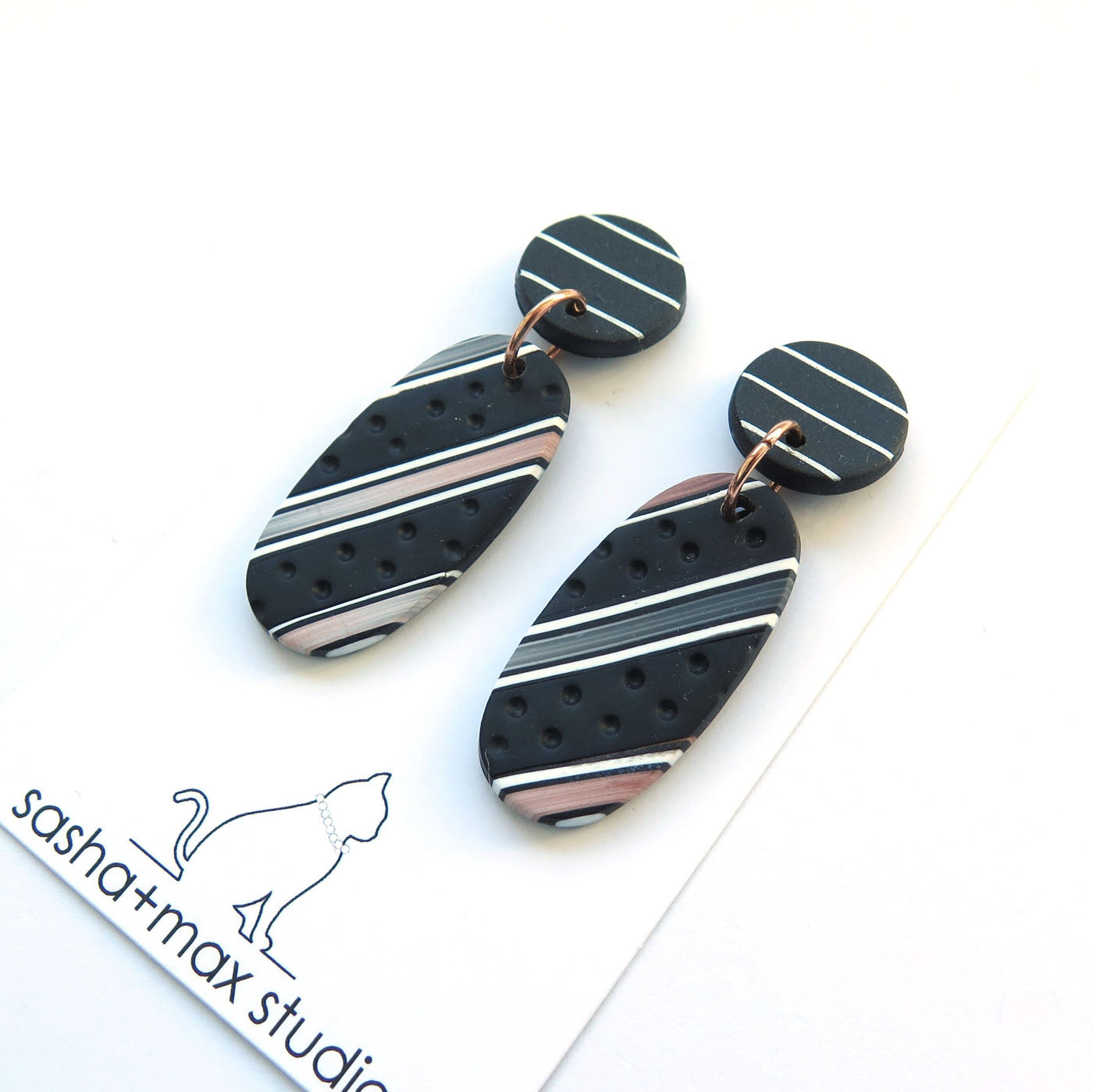 Bronze black and white stripe statement oval earrings