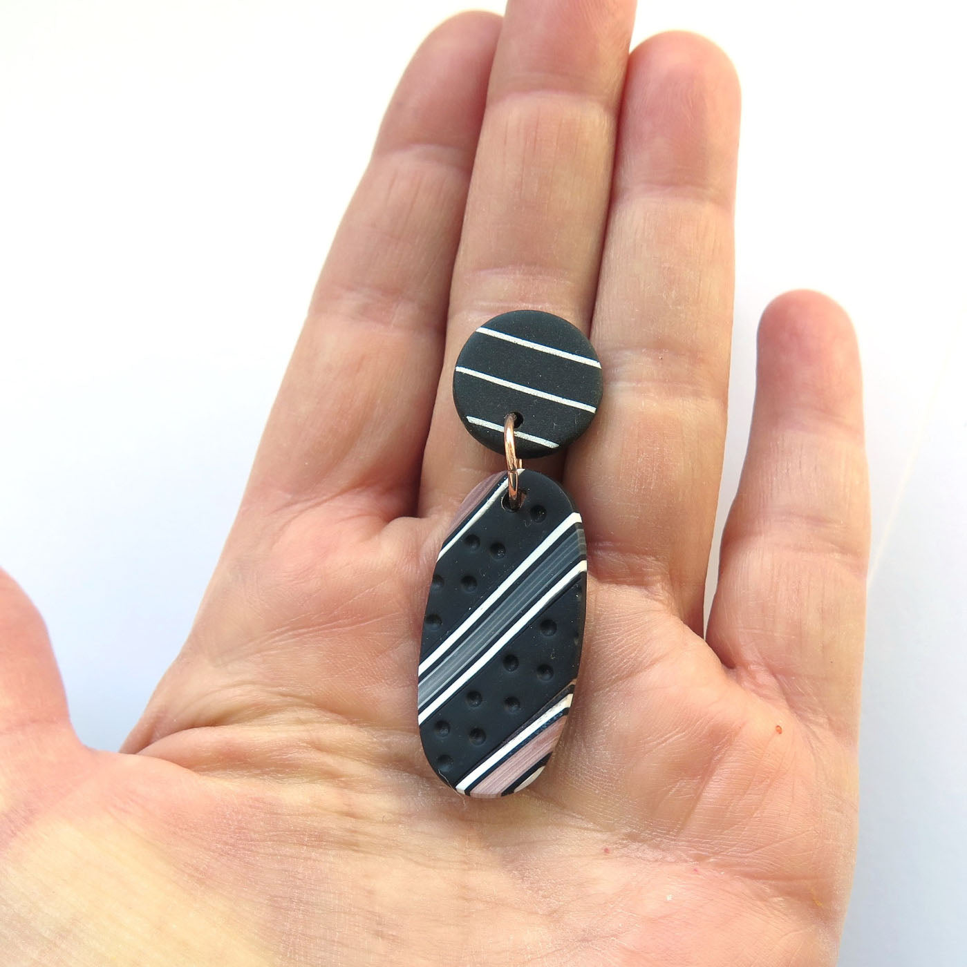 Bronze black and white stripe statement oval earrings