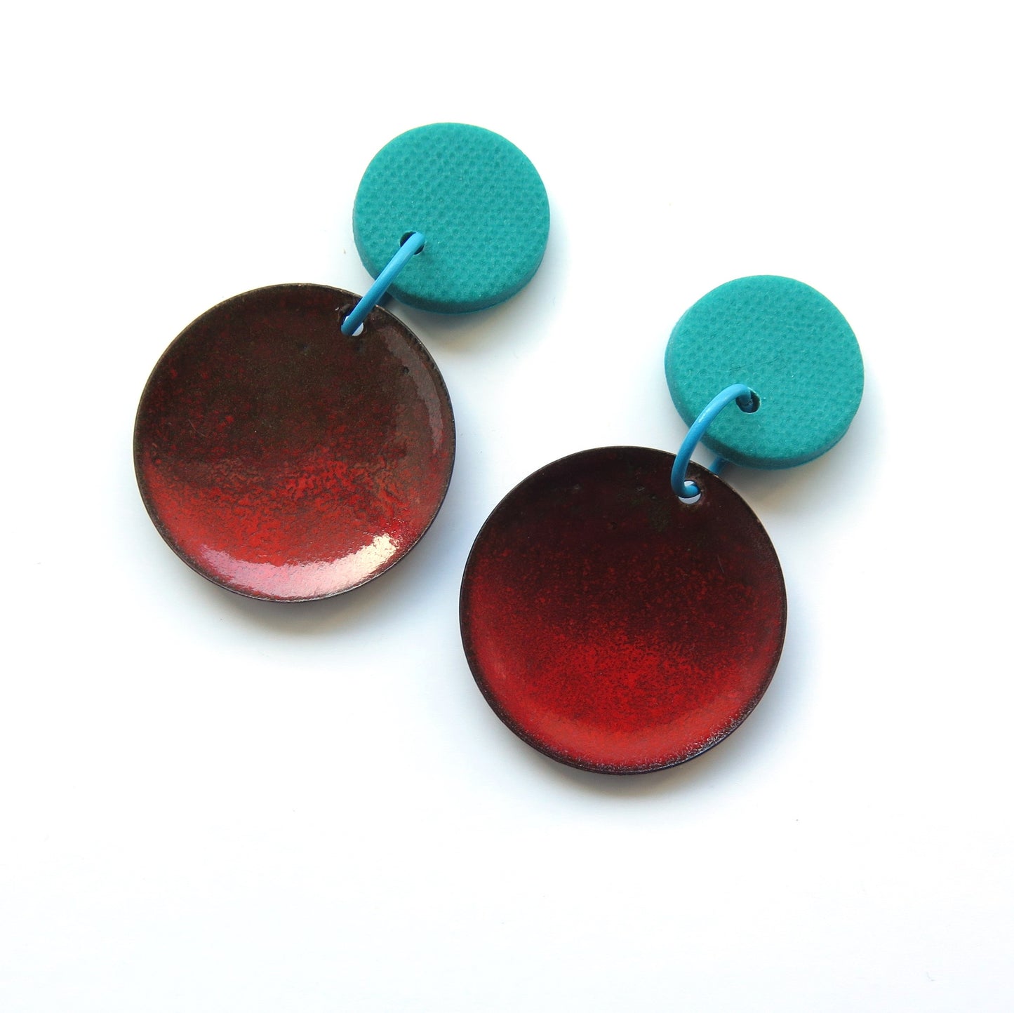 Fiery Sunset Enamel + Polymer Clay red and teal drop Earrings