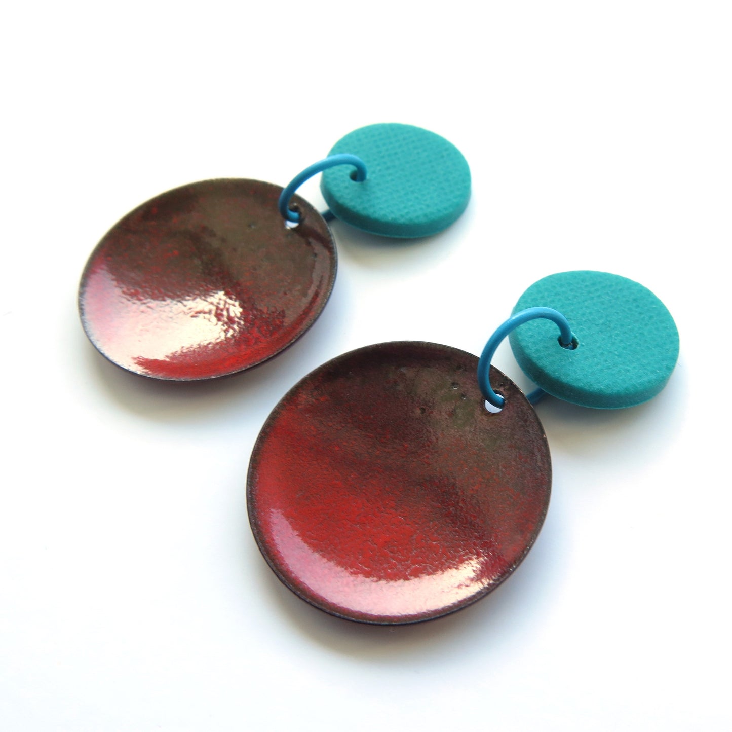 Fiery Sunset Enamel + Polymer Clay red and teal drop Earrings