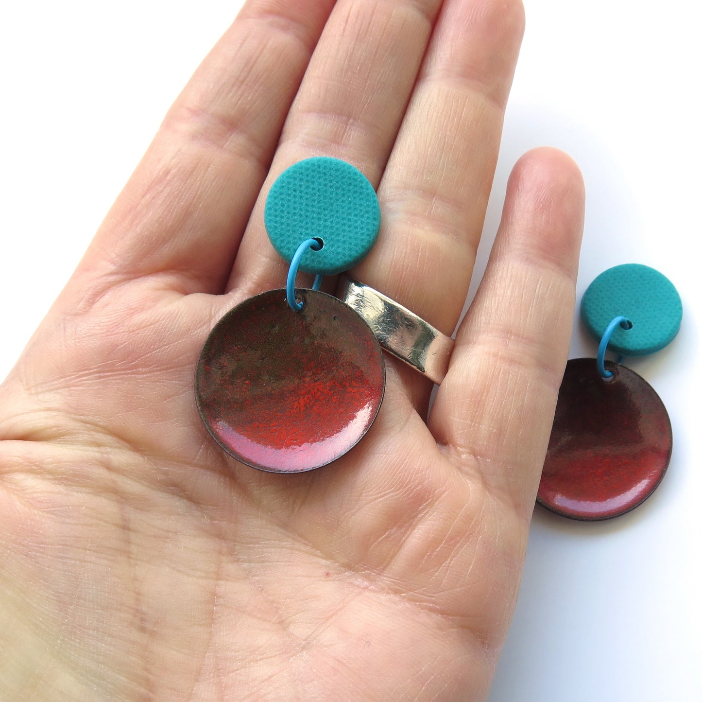 Fiery Sunset Enamel + Polymer Clay red and teal drop Earrings