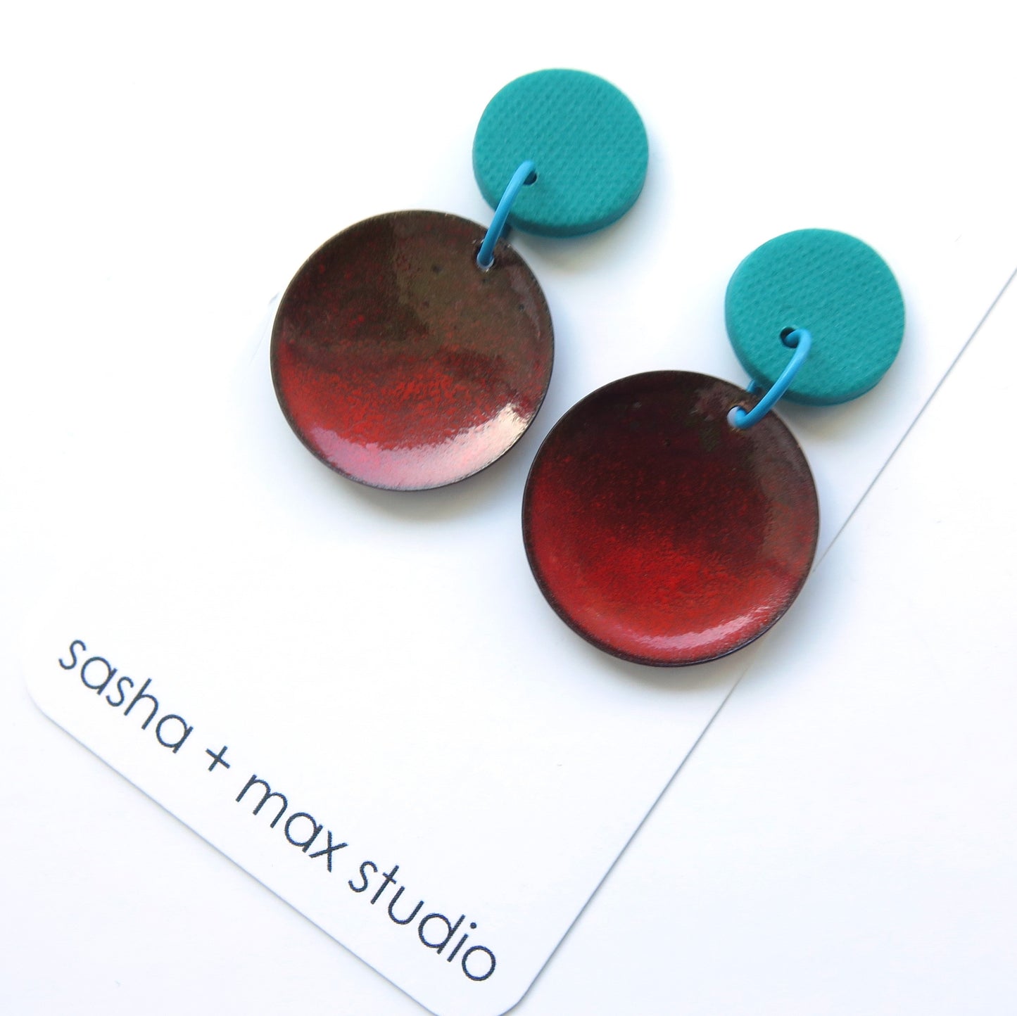 Fiery Sunset Enamel + Polymer Clay red and teal drop Earrings