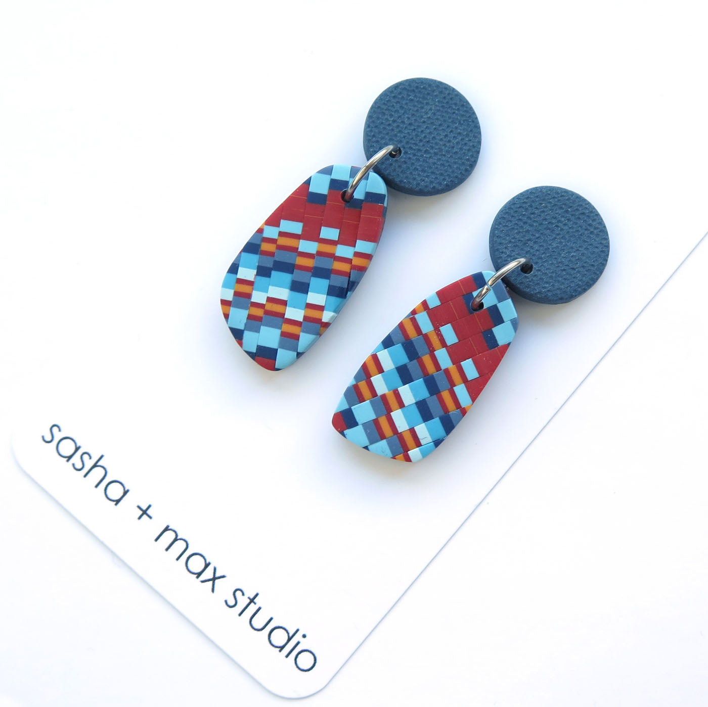 Bargello quilt red 2 drop Polymer Clay earrings