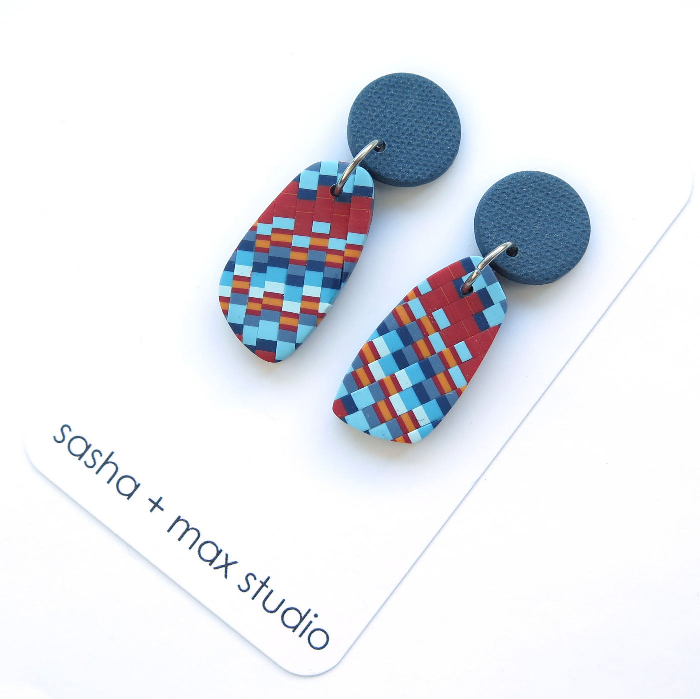 Bargello quilt red 2 drop Polymer Clay earrings