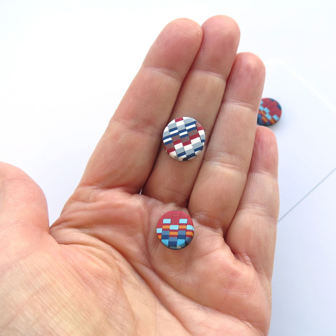 Bargello quilt red stud pack Polymer Clay earrings