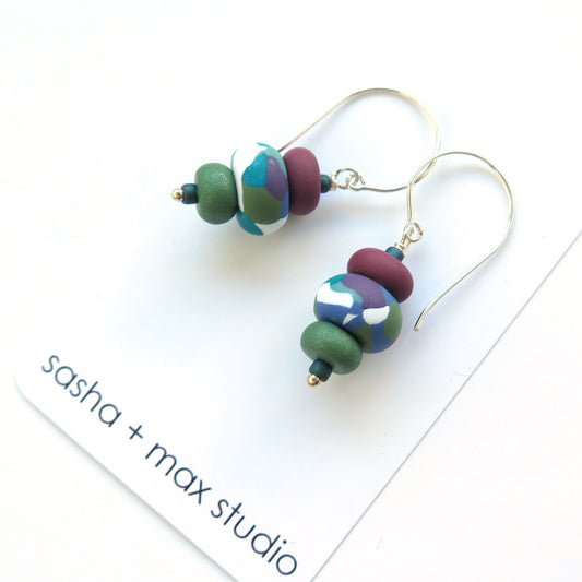 Kaleidoscope olive and plum beaded drop Polymer Clay earrings